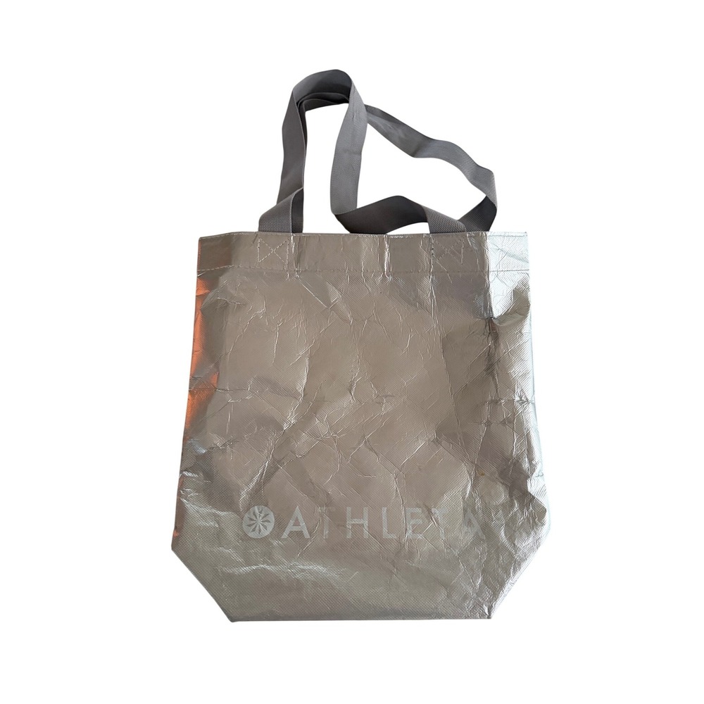 Athleta Reusable Shopping Tote Bag Metallic Silver Crinkle Logo Gym Shopper